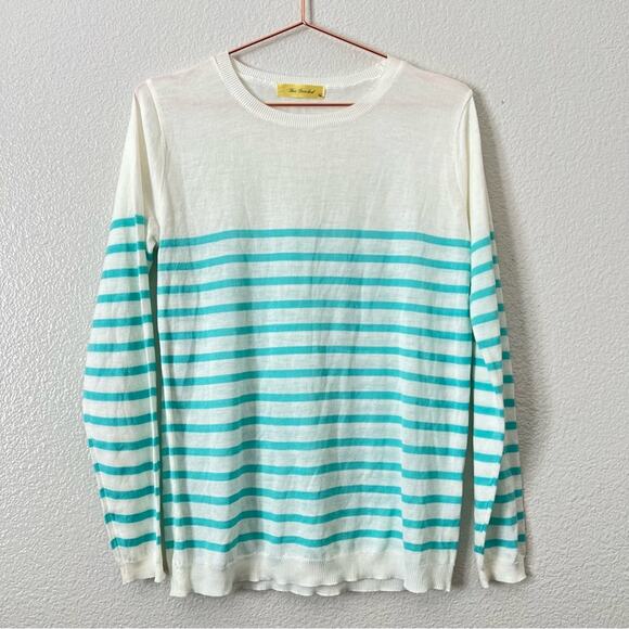 Francesca’s Collection Bee Stitched striped sweater ivory cream aqua green - Picture 1 of 5